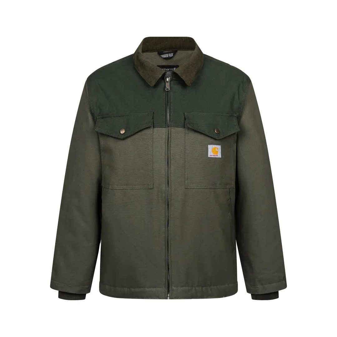 165 Carhartt Carhartt counter Same Style 106432 cotton jacket original 1:1 version Weight: 12 ounces Material: 99% cotton/1% spandex Canvas Details: corduroy trim collar quilted nylon lining, easy to put on and take off, insulated and warm, using Rugged Flex® elastic technology allows for easy movement. Loose fit. Front handwarmer pockets. Double pleats on the back to provide extra stretch at the shoulders. Internal ribbed windproof cuffs to help protect against cold weather. Adjustable hem for added coverage. Two front lower pockets. Two interior pockets; one with hook and loop closure, the other with a secure zipper. Style number: 106432#. Color: Olive Green. Black. Yellow. Dark Brown. Size: S-XL